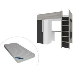 VENTE-UNIQUE.COM Lit Mezzanine NICOLAS II - 90 X 200 Cm - Avec Armoire Et Bureau - Anthracite Et Blanc + Matelas - Gris Anthracite, Blanc