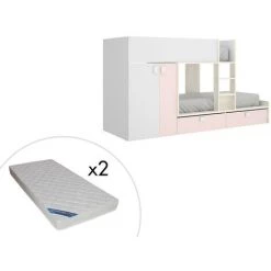 VENTE-UNIQUE.COM Lits Superposés JUANITO - Armoire Intégrée - 2 X 90 X 190 Cm - Blanc, Chêne Et Rose + Matelas - Rose Poudré, Blanc