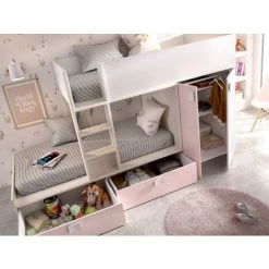 VENTE-UNIQUE.COM Lits Superposés JUANITO - Armoire Intégrée - 2 X 90 X 190 Cm - Blanc, Chêne Et Rose + Matelas - Rose Poudré, Blanc -Lit enfant Soldes Boutique 57217569 4