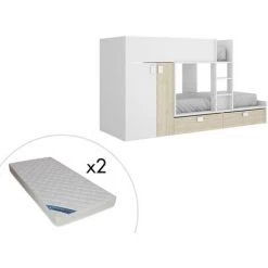 VENTE-UNIQUE.COM Lits Superposés JUANITO - Armoire Intégrée - 2 X 90 X 190 Cm - Blanc Et Chêne + Matelas - Naturel Clair, Blanc