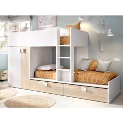 VENTE-UNIQUE.COM Lits Superposés JUANITO - Armoire Intégrée - 2 X 90 X 190 Cm - Blanc Et Chêne + Matelas - Naturel Clair, Blanc -Lit enfant Soldes Boutique 57217571 3