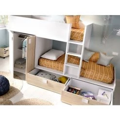VENTE-UNIQUE.COM Lits Superposés JUANITO - Armoire Intégrée - 2 X 90 X 190 Cm - Blanc Et Chêne + Matelas - Naturel Clair, Blanc -Lit enfant Soldes Boutique 57217571 5