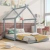 MERAX Lit Cabane Enfant 90x200 Cm Pour Gar?ons Et Filles, Lit Enfant En Bois Massif, Lit Convertible Au Sol Avec Sommier à Lattes, Gris