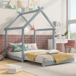 MERAX Lit Cabane Enfant 90x200 Cm Pour Gar?ons Et Filles, Lit Enfant En Bois Massif, Lit Convertible Au Sol Avec Sommier à Lattes, Gris