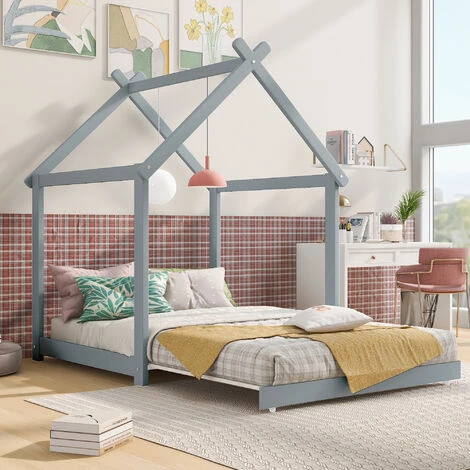 MERAX Lit Cabane Enfant 90x200 Cm Pour Gar?ons Et Filles, Lit Enfant En Bois Massif, Lit Convertible Au Sol Avec Sommier à Lattes, Gris 1 MERAX Lit Cabane Enfant 90x200 Cm Pour Gar?ons Et Filles, Lit Enfant En Bois Massif, Lit Convertible Au Sol Avec Sommier à Lattes, Gris
