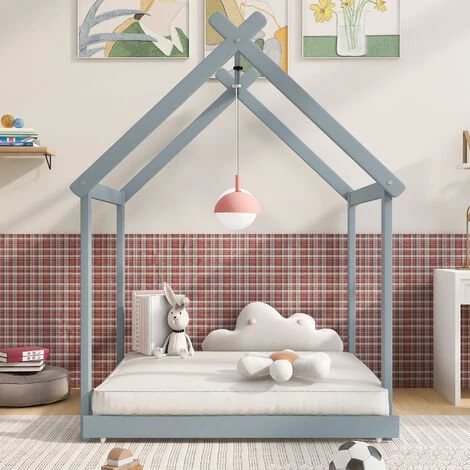 MERAX Lit Cabane Enfant 90x200 Cm Pour Gar?ons Et Filles, Lit Enfant En Bois Massif, Lit Convertible Au Sol Avec Sommier à Lattes, Gris 2 MERAX Lit Cabane Enfant 90x200 Cm Pour Gar?ons Et Filles, Lit Enfant En Bois Massif, Lit Convertible Au Sol Avec Sommier à Lattes, Gris – Image 2