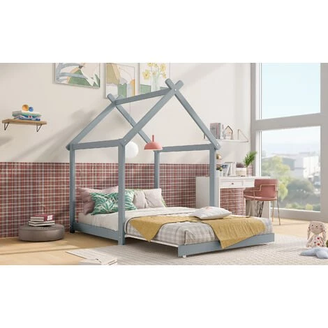 MERAX Lit Cabane Enfant 90x200 Cm Pour Gar?ons Et Filles, Lit Enfant En Bois Massif, Lit Convertible Au Sol Avec Sommier à Lattes, Gris 3 MERAX Lit Cabane Enfant 90x200 Cm Pour Gar?ons Et Filles, Lit Enfant En Bois Massif, Lit Convertible Au Sol Avec Sommier à Lattes, Gris – Image 3