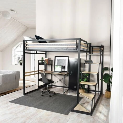 URBAN MEUBLE Lit Mezzanine 2 Places En Métal Noir Et Bois Avec Escalier, Un Couchage De 140x200 Cm (matelas Non Inclus) 3 URBAN MEUBLE Lit Mezzanine 2 Places En Métal Noir Et Bois Avec Escalier, Un Couchage De 140x200 Cm (matelas Non Inclus) – Image 3