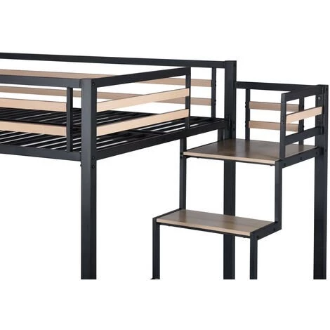 URBAN MEUBLE Lit Mezzanine 2 Places En Métal Noir Et Bois Avec Escalier, Un Couchage De 140x200 Cm (matelas Non Inclus) 4 URBAN MEUBLE Lit Mezzanine 2 Places En Métal Noir Et Bois Avec Escalier, Un Couchage De 140x200 Cm (matelas Non Inclus) – Image 4