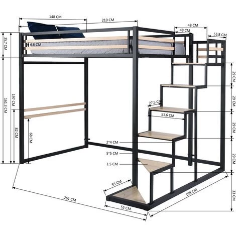 URBAN MEUBLE Lit Mezzanine 2 Places En Métal Noir Et Bois Avec Escalier, Un Couchage De 140x200 Cm (matelas Non Inclus) 5 URBAN MEUBLE Lit Mezzanine 2 Places En Métal Noir Et Bois Avec Escalier, Un Couchage De 140x200 Cm (matelas Non Inclus) – Image 5