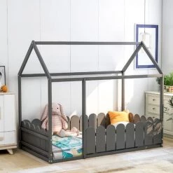 AZKOEESY Lit Cabane En Bois Lit Au Sol Cadre De Lit 80x160 (gris)