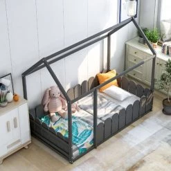 AZKOEESY Lit Cabane En Bois Lit Au Sol Cadre De Lit 80x160 (gris) -Lit enfant Soldes Boutique 57335273 4