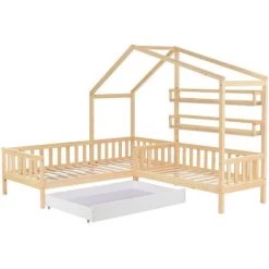 AOMMO Lits Enfants, Lit Cabane En L Avec Tiroirs Et étagères Et Sommier à Lattes Naturel 90 X 200 Cm+140 X 70 Cm -Lit enfant Soldes Boutique 57344087 4