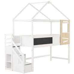 AOMMO Lit Enfant, Lit Cabane, Lit Mezzanine Bas 3 Tiroirs, Sommier à Lattes, Escalier Blanc 200x90 Cm -Lit enfant Soldes Boutique 57344098 5