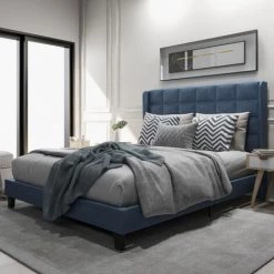 AOMMO Lits Doubles Modernes Rembourrés Avec Tête De Lit 140 X 200 Cm Bleu