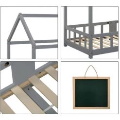 AOMMO Lits Enfants, Cadre De Lit Maison En Bois Avec Tableau Noir 90 X 200 Cm Gris -Lit enfant Soldes Boutique 57764788 4