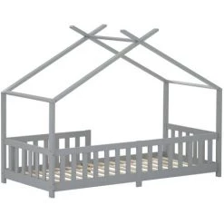 AOMMO Lit D'Enfant, Cadre De Lits Cabane En Bois Massif Avec Clôture Et Lattes Pour Chambres D'Enfants Et De Jeunes 200 X 90 Cm Gris -Lit enfant Soldes Boutique 57764792 3