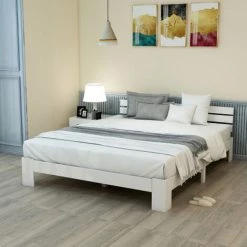 AOMMO Lit Plateforme Double, Cadre De Lit En Bois De Pin Avec Tête De Lit à Lattes Pour Adolescents Adultes 200 X 140 Cm Blanc