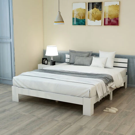 AOMMO Lit Plateforme Double, Cadre De Lit En Bois De Pin Avec Tête De Lit à Lattes Pour Adolescents Adultes 200 X 140 Cm Blanc 1 AOMMO Lit Plateforme Double, Cadre De Lit En Bois De Pin Avec Tête De Lit à Lattes Pour Adolescents Adultes 200 X 140 Cm Blanc