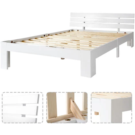 AOMMO Lit Plateforme Double, Cadre De Lit En Bois De Pin Avec Tête De Lit à Lattes Pour Adolescents Adultes 200 X 140 Cm Blanc 2 AOMMO Lit Plateforme Double, Cadre De Lit En Bois De Pin Avec Tête De Lit à Lattes Pour Adolescents Adultes 200 X 140 Cm Blanc – Image 2