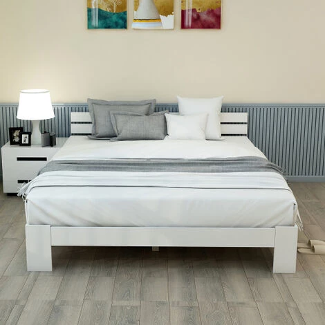 AOMMO Lit Plateforme Double, Cadre De Lit En Bois De Pin Avec Tête De Lit à Lattes Pour Adolescents Adultes 200 X 140 Cm Blanc 4 AOMMO Lit Plateforme Double, Cadre De Lit En Bois De Pin Avec Tête De Lit à Lattes Pour Adolescents Adultes 200 X 140 Cm Blanc – Image 4