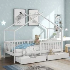 AOMMO Lit Enfant, Lit Cabane En Bois Cadre Avec 2 Tiroirs, Barrière Et Sommier Pour Chambre D'enfant 200 X 90 Cm Blanc