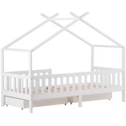 AOMMO Lit Enfant, Lit Cabane En Bois Cadre Avec 2 Tiroirs, Barrière Et Sommier Pour Chambre D'enfant 200 X 90 Cm Blanc -Lit enfant Soldes Boutique 57764803 3