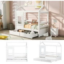 AOMMO Lit Enfant, Lit Cabane En Bois Massif Avec 2 Tiroirs, Fenêtre Antichute Et Sommier à Lattes Blanc 160 X 80 Cm -Lit enfant Soldes Boutique 57818988 3