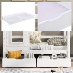 AOMMO Lit Enfant, Lit Cabane En Bois Massif Avec 2 Tiroirs, Fenêtre Antichute Et Sommier à Lattes Blanc 160 X 80 Cm -Lit enfant Soldes Boutique 57818988 4