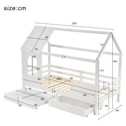 AOMMO Lits Enfants En Bois, Cadre De Lit Cabane Avec Tiroirs, Fenêtre Et Lattes 200 X 90 Cm Blanc -Lit enfant Soldes Boutique 57818990 5
