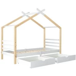 AOMMO Lit Enfant, Lit Cabane En Bois Massif Avec 2 Tiroirs Et Sommier à Lattes 90x190 Cm -Lit enfant Soldes Boutique 57818991 3