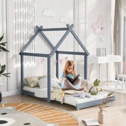 AOMMO Lits D'enfant, Lit Cabane En Bois, Lit D'enfant Lit Convertible Au Sol Avec Sommier à Lattes 90 X 200 Cm Gris