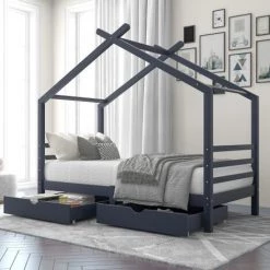 AOMMO Lit Enfant, Lit Cabane En Bois Massif Avec 2 Tiroirs Et Sommier à Lattes 90x190 Cm Bleu Marine