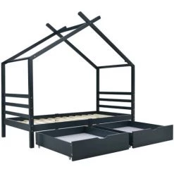 AOMMO Lit Enfant, Lit Cabane En Bois Massif Avec 2 Tiroirs Et Sommier à Lattes 90x190 Cm Bleu Marine -Lit enfant Soldes Boutique 57818998 3