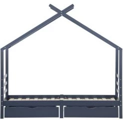 AOMMO Lit Enfant, Lit Cabane En Bois Massif Avec 2 Tiroirs Et Sommier à Lattes 90x190 Cm Bleu Marine -Lit enfant Soldes Boutique 57818998 4