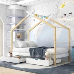 AOMMO Lits Pour Enfants, Lit Cabane En Bois Massif Avec 2 Tiroirs Et Sommier à Lattes 90 X 200 Cm -Lit enfant Soldes Boutique 57819002 3