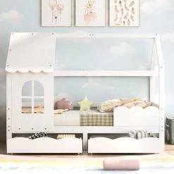 MERAX Lit Cabane Lit Enfant Lit Jeunesse 200 X 90 Cm Avec Protection Antichute, Lit Enfant Polyvalent En Bois Pour Gar?ons Et Filles, Tiroirs Blancs, Lit Enfant En Bois Massif Avec Fenêtre Antichute Et Sommier à Lattes, Blanc