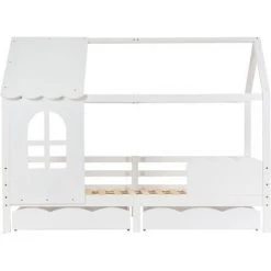MERAX Lit Cabane Lit Enfant Lit Jeunesse 200 X 90 Cm Avec Protection Antichute, Lit Enfant Polyvalent En Bois Pour Gar?ons Et Filles, Tiroirs Blancs, Lit Enfant En Bois Massif Avec Fenêtre Antichute Et Sommier à Lattes, Blanc -Lit enfant Soldes Boutique 58234502 4