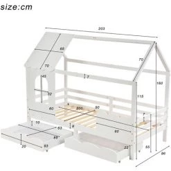 MERAX Lit Cabane Lit Enfant Lit Jeunesse 200 X 90 Cm Avec Protection Antichute, Lit Enfant Polyvalent En Bois Pour Gar?ons Et Filles, Tiroirs Blancs, Lit Enfant En Bois Massif Avec Fenêtre Antichute Et Sommier à Lattes, Blanc -Lit enfant Soldes Boutique 58234502 5