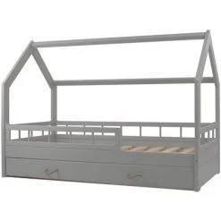 VIKING CHOICE Lit Enfant En Bois Massif - Style Scandinave - Lit Cabane - 160x80cm - Avec Barrières - Gris - Grise
