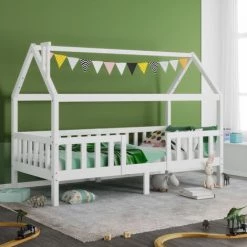 Lit Cabane Enfant 90 X 200 Cm Cadre De Lit En Pin Massif Avec Sommier à Lattes Et Toit Blanc Fortuna Lai