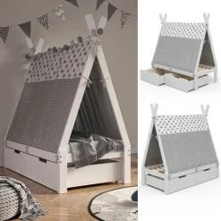 Lit Pour Enfant „Tipi“ 70x140cm Blanc Avec Toile De Lit Et 2 Tiroirs VitaliSpa -Lit enfant Soldes Boutique 59119671 2