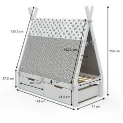 Lit Pour Enfant „Tipi“ 70x140cm Blanc Avec Toile De Lit Et 2 Tiroirs VitaliSpa -Lit enfant Soldes Boutique 59119671 3