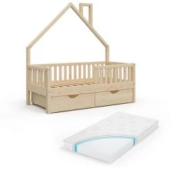 Lit Cabane „Noemi" 70x140cm Nature Avec Matelas Et 2 Tiroirs VitaliSpa