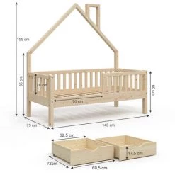 Lit Cabane „Noemi" 70x140cm Nature Avec Matelas Et 2 Tiroirs VitaliSpa -Lit enfant Soldes Boutique 59119673 3