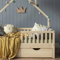 Lit Cabane „Noemi" 70x140cm Nature Avec Matelas Et 2 Tiroirs VitaliSpa -Lit enfant Soldes Boutique 59119673 5