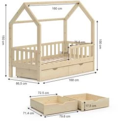 Lit Cabane „Wiki" 80x160cm Nature Avec 2 Tiroirs VitaliSpa -Lit enfant Soldes Boutique 59119779 3