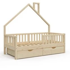 Lit Cabane „Noemi" 80x160cm Nature Avec 2 Tiroirs VitaliSpa