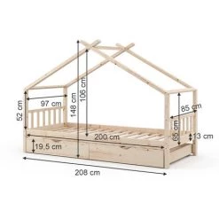 Lit Cabane „Design“ 200x90cm Nature Avec Lit D'appoint VitaliSpa -Lit enfant Soldes Boutique 59119930 3
