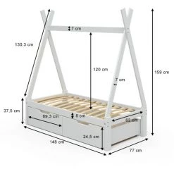 Lit Pour Enfant „Tipi“ 70x140cm Blanc Avec 2 Tiroirs VitaliSpa -Lit enfant Soldes Boutique 59119951 3